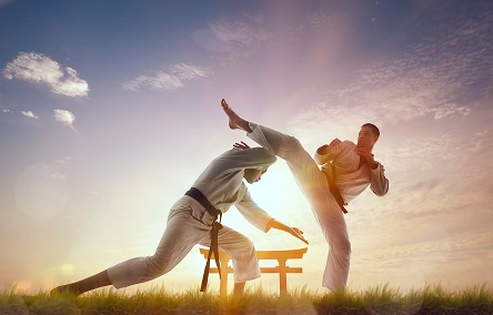 Deux combattants d'arts martiaux pratiquant des techniques de coup de pied haut en extérieur lors d'un entraînement au coucher du soleil.